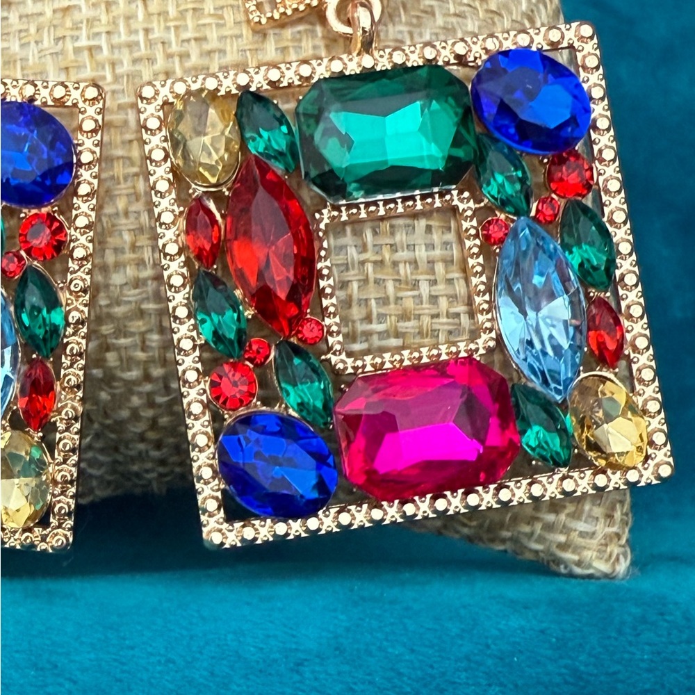Multicolor Gemstone Square Earrings NEW - Picture 4 of 4